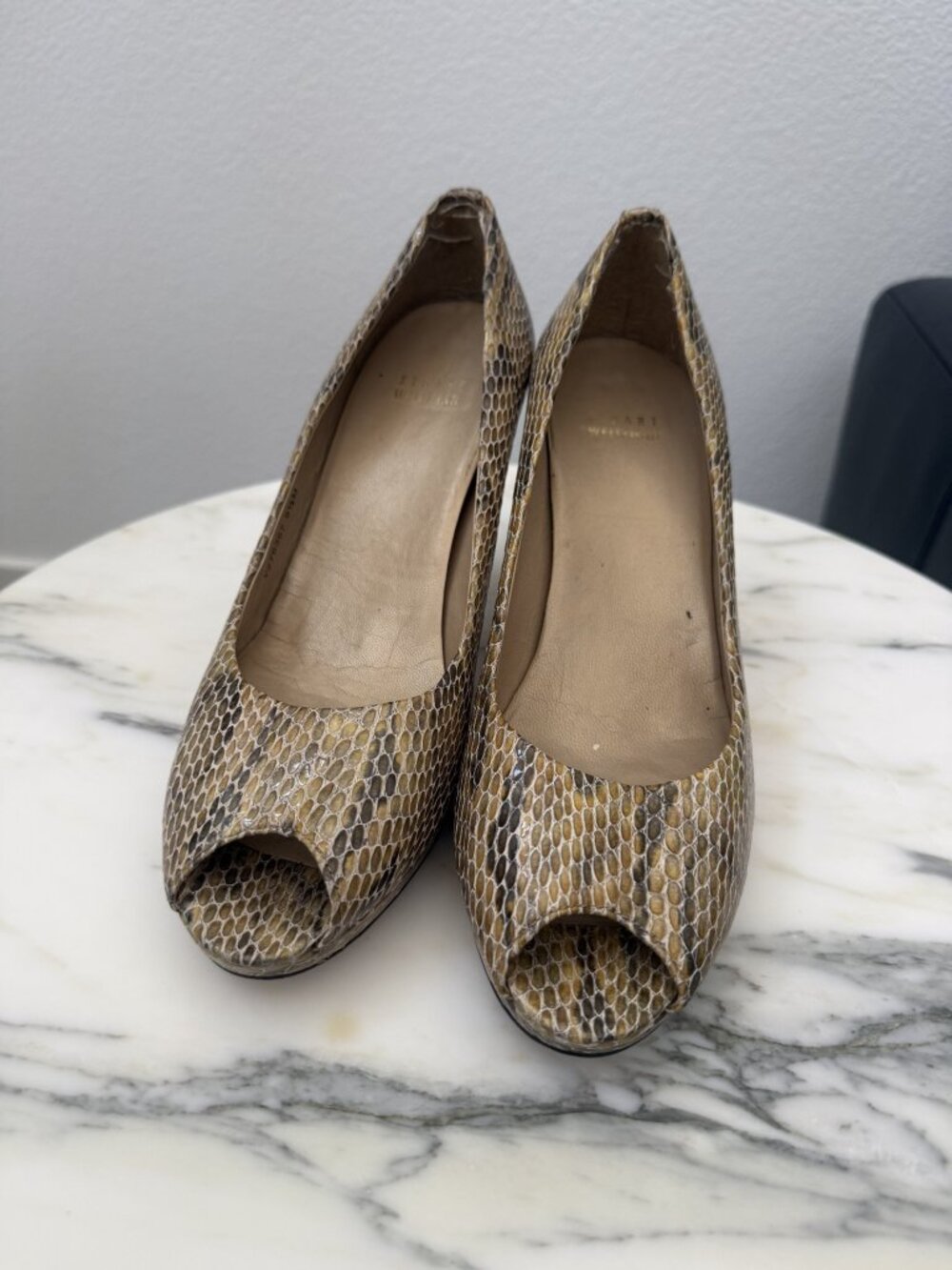 Stuart Weitzman Tan Snake Print Peep Toe Pumps Size 9.5